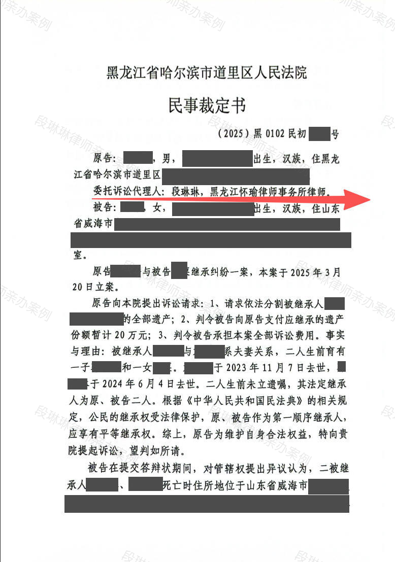 遗产被隐匿+跨省管辖移送僵局?段琳琳律师巧用程序+调查令,助当事人获偿25万元遗产份额脱敏文书封面