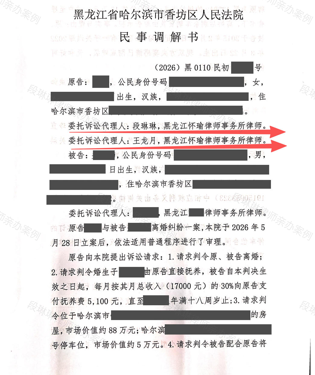 男方长期驻外婚内出轨，十项诉求如何取舍？段琳琳律师以诉促调，助女方获抚养权+22.5万元财产补偿脱敏文书封面