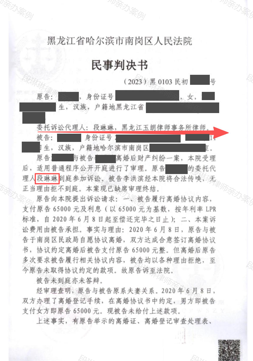 离婚协议约定的6.5万元，对方不付怎么办？脱敏文书封面