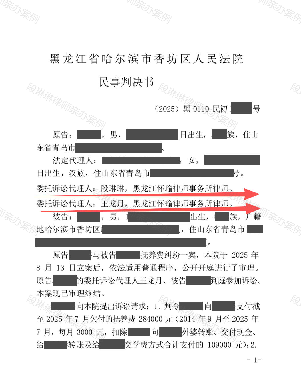 离婚后多年未足额支付抚养费，能否一次追偿？脱敏文书封面