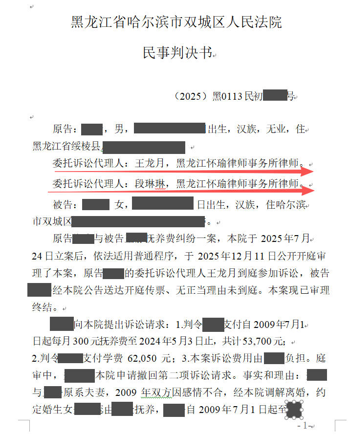 离婚协议约定每月300元，多年未付能追回多少？脱敏文书封面