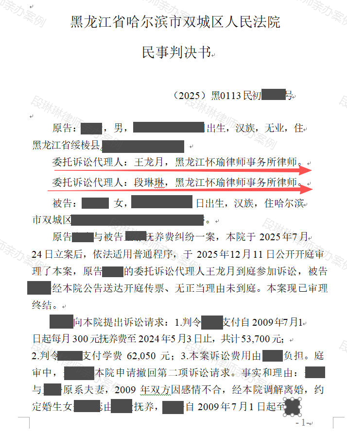 离婚协议约定每月300元，多年未付能追回多少？脱敏文书封面