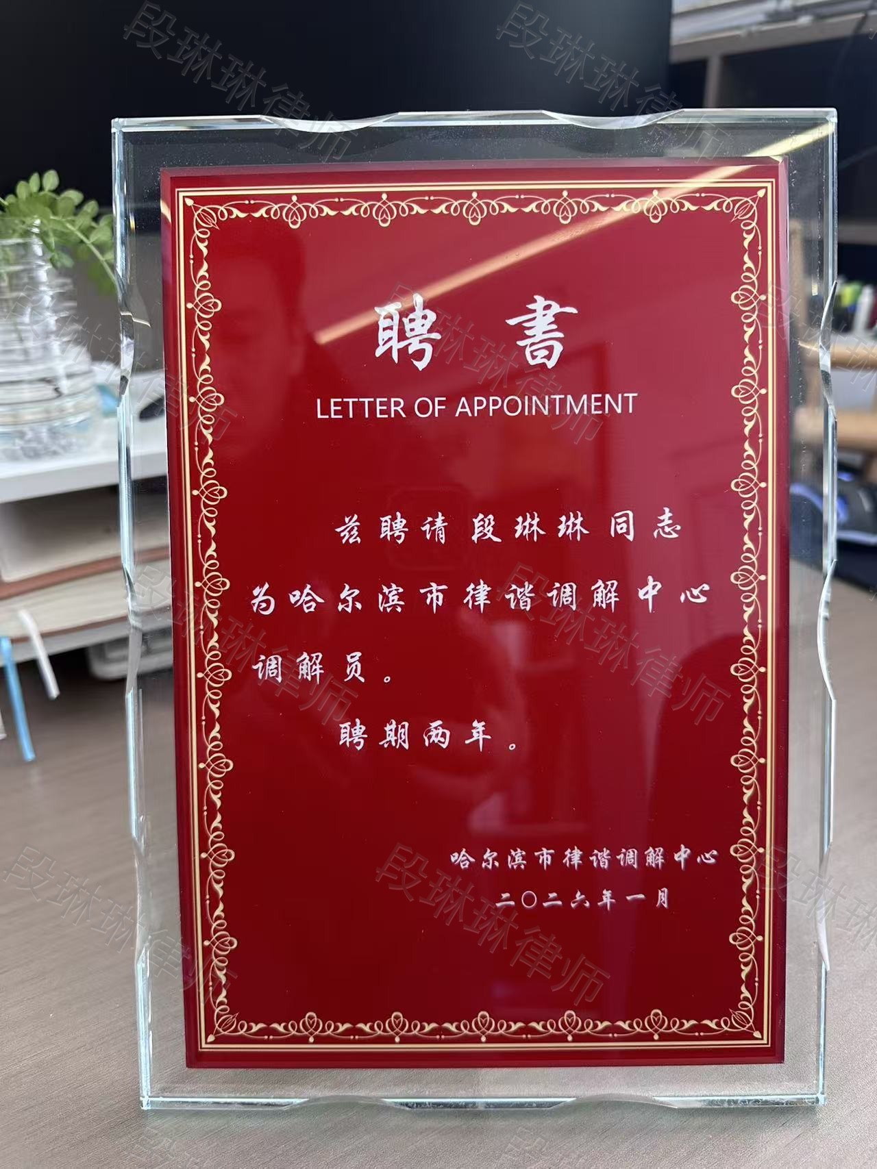 段琳琳律师哈尔滨市律谐调解中心调解员聘书